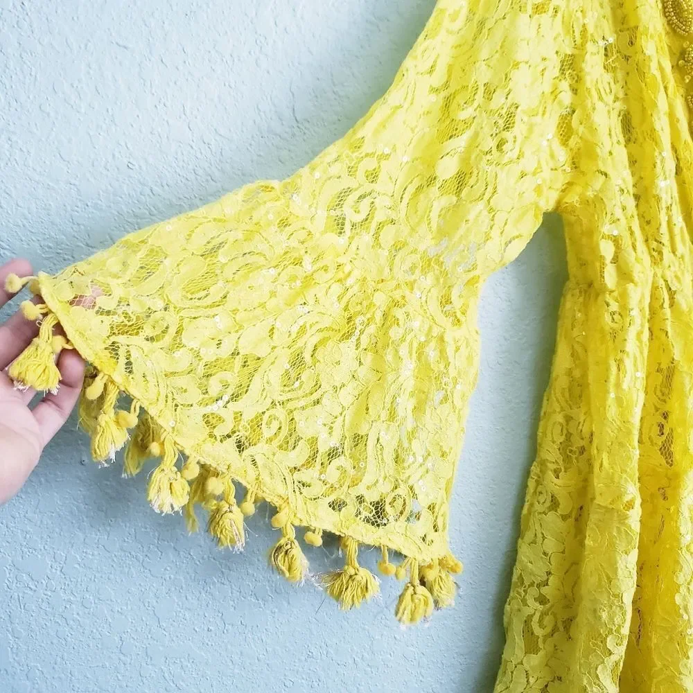 Antica Sartoria by Giacomo Cinque Yellow Lace Beaded Pom Pom Mini Dress
